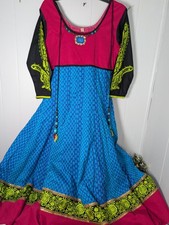 Ladies Anarkali Dress Magenta Blue 3/4 Slvs Size M Lime embroidery String Beads