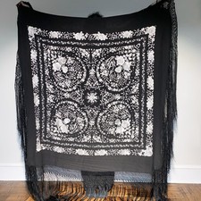 Antique 20s Huge Silk Canton Black  White Floral Embroidered Fringe Piano Shawl