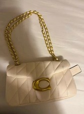 Coach White Quilted Shoulder Bag with Gold Chain Strap, Gold Hardware
