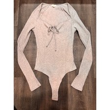 Aerie Heather Grey Ribbed Long Sleeve Tie Front Sweetheart Bodysuit Small