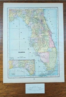 Vintage 1897 FLORIDA Map 11''x14'' ~ Old Antique Original GAINESVILLE KISSIMMEE FL