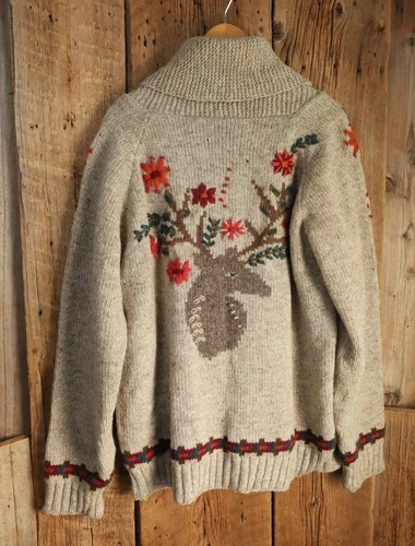 Lost Horizons Fleece Lined Cardigan Floral Reindeer Sweater Mens Size Large