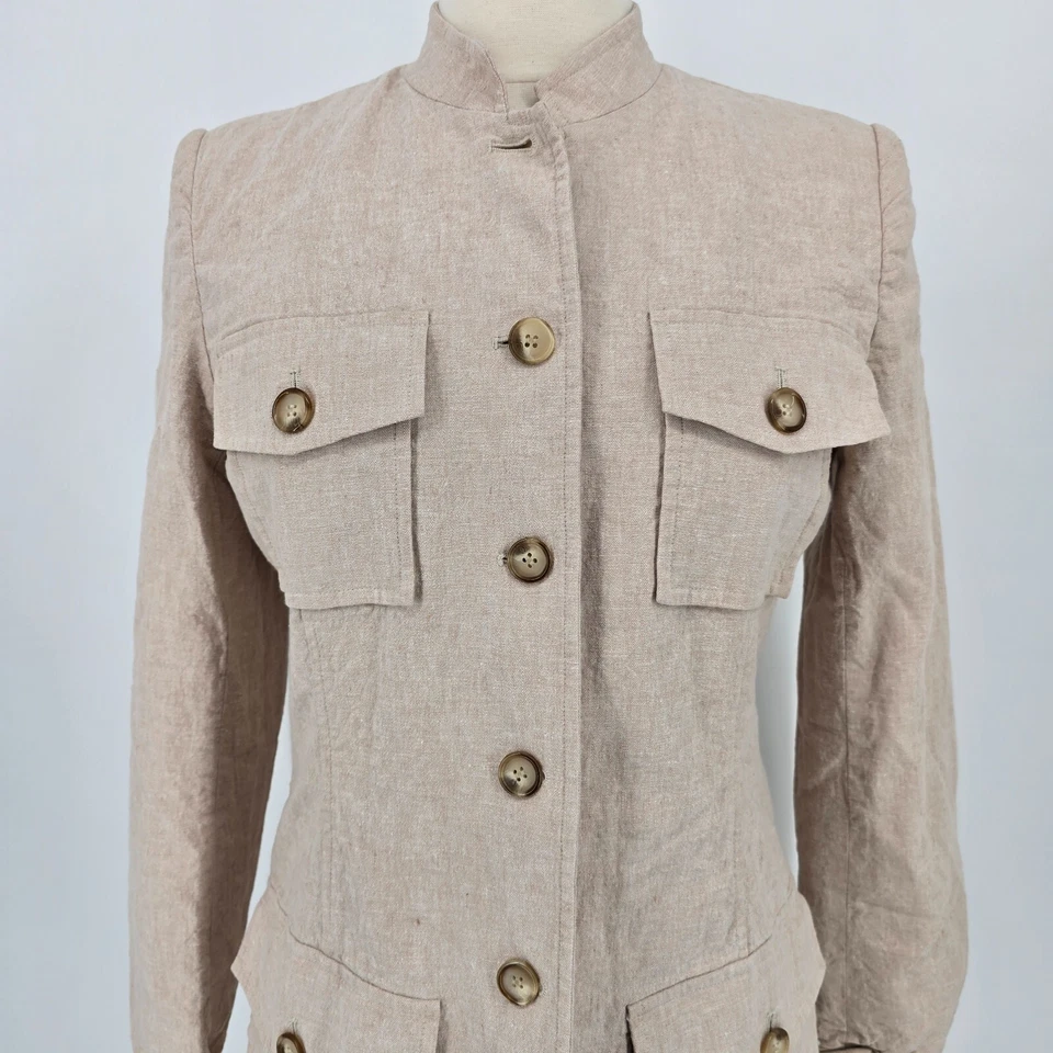 Chaqueta de safari de lino Harris Wallace talla 10P hasta la cadera cuello banda ajustada Foto 2 de 4