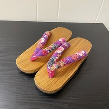 Japanese Women s Wooden Geta Sandals Purple Floral Thong, Rubber Soles