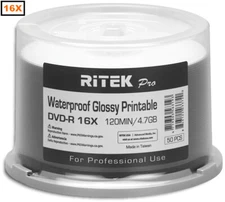 50-Pak RITEK PRO Waterproof GLOSSY White Inkjet Hub 16X 4.7GB DVD-R's