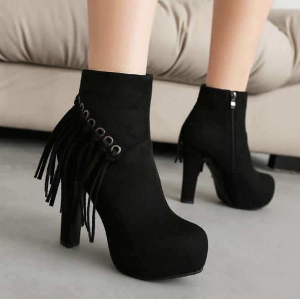 Women's Tassel Chunky Heel Shoes Ankle Boots Zipper Round Toe 12cm