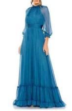 Mac Duggal Ocean Blue Sheer Sleeve Gathered Chiffon A-Line Gown Size 4 $498