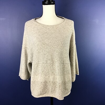 PURE J JILL XS Cotton Drop Shoulder Sweater Rolled Hem Marled Beige 3/4 Sleeve