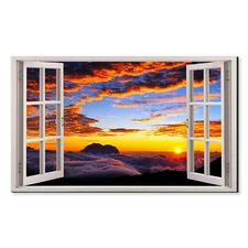 Beautiful Sunset Above The Clouds Window View, Window Frame Style Canvas Print 