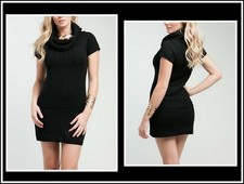 NWOT BLACK AMBIANCE APPAREL M COWLNECK SHORT SLEEVE CABLE KNIT SWEATER DRESS