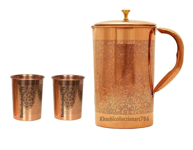 Copper Water Jug Handmade Embossed Pitcher Pot With 2 Glass For Health Benefits