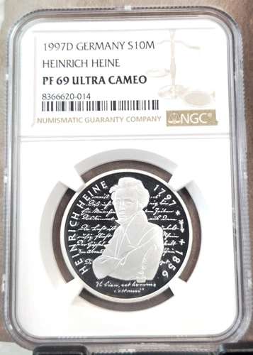 1997 GERMANY SILVER 10 MARK POET HEINRICH HEINE NGC PF 69 ULTRA CAMEO SCARCE GEM