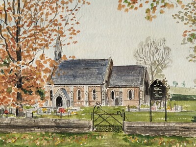 Vintage Original kleines Aquarell Gemälde unsigniert ländliche Landschaft mit Kirche