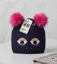 Girls Toddler Warm Fur Pink Ball Pom Knit Beanie Hat Blue Monster Size 8-12