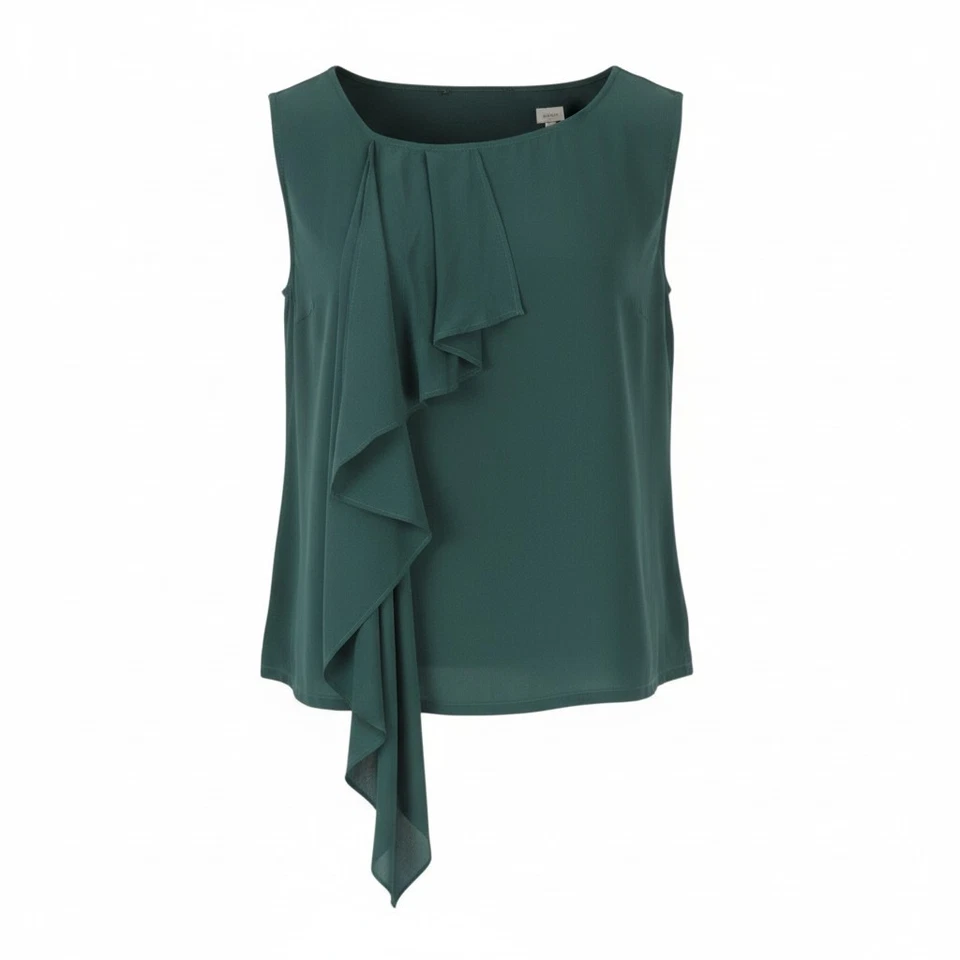Max Mara T-Shirt Femme Sans Manches Col Rond S Vert En Soie Volants - Photo 1/4