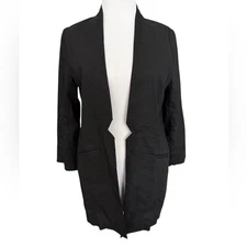 Eileen Fisher Black Notch Open Blazer Jacket Longline Linen Blend Women's Medium