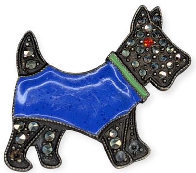 Vtg Sterling Silver Blue & Black Enameled Scotty Dog Pin/Brooch
