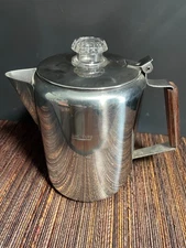 Vintage Glacier Stainless Steel Coffee Pot 9 Cup Stovetop Wood Handle EUC