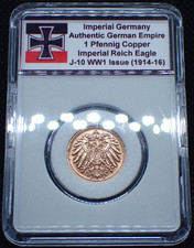 Imperial Germany WW1 *1915* 1 Pfennig Copper Coin Rare Empire in Case J.10