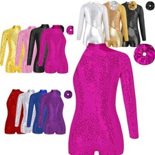 Girl Metallic Bodysuit Sparkle Sequin Long Sleeve Ballet Dance Jumpsuit Hairband