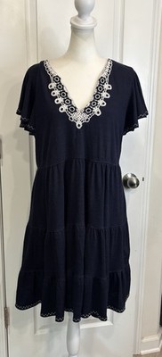 MAX STUDIO Babydoll Tiered Dress XL Navy Crochet Flutter Sleeve Coastal Boho