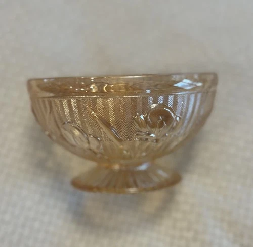 Vintage Jeanette Iris & Herringbone Marigold Glass Footed Sherbet Bowl