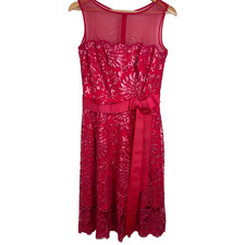 TADASHI SHOJI Red Lace Dress 6 Illusion Neck Sequin Scalloped Bow Formal Wedding