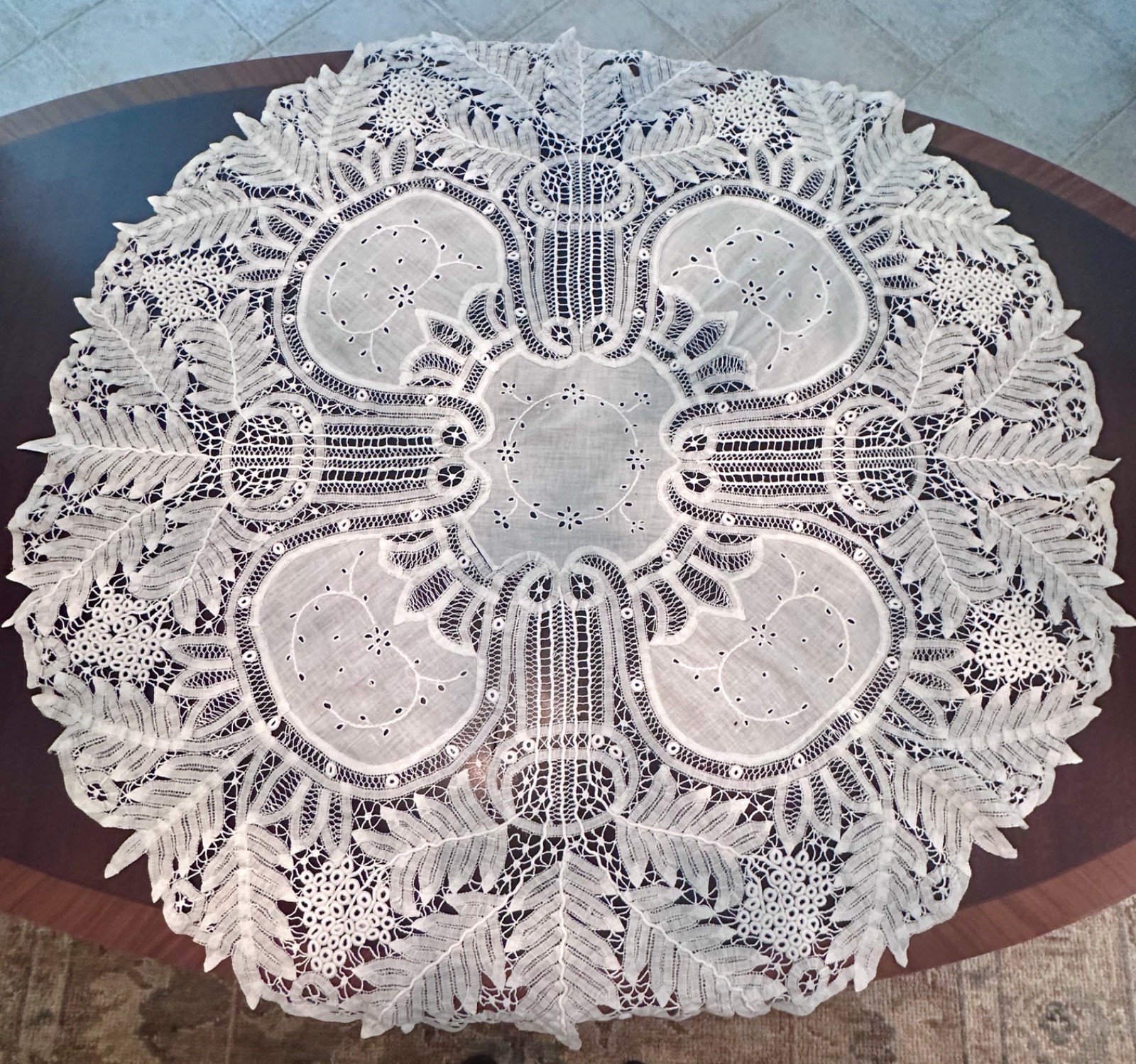 Victorian 46 inch round tablecloth with Battenburg tape lace, handmade