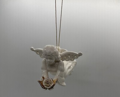 Mud Pie 1993 Porcelain Angel Ornament White Gold Rose Wings VTG Christmas