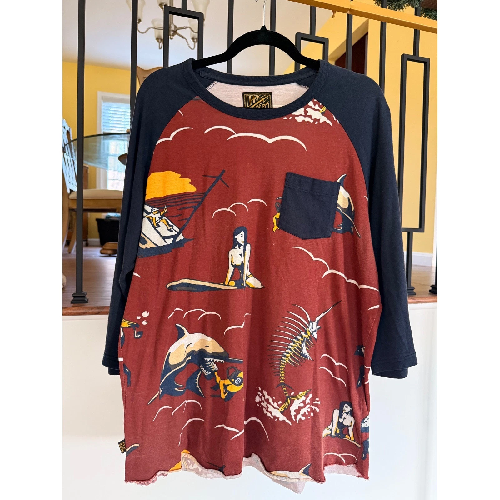 Dark Seas Men's T-Shirt Shark Mermaid Graphic Print Vintage Raglan Red Blue L