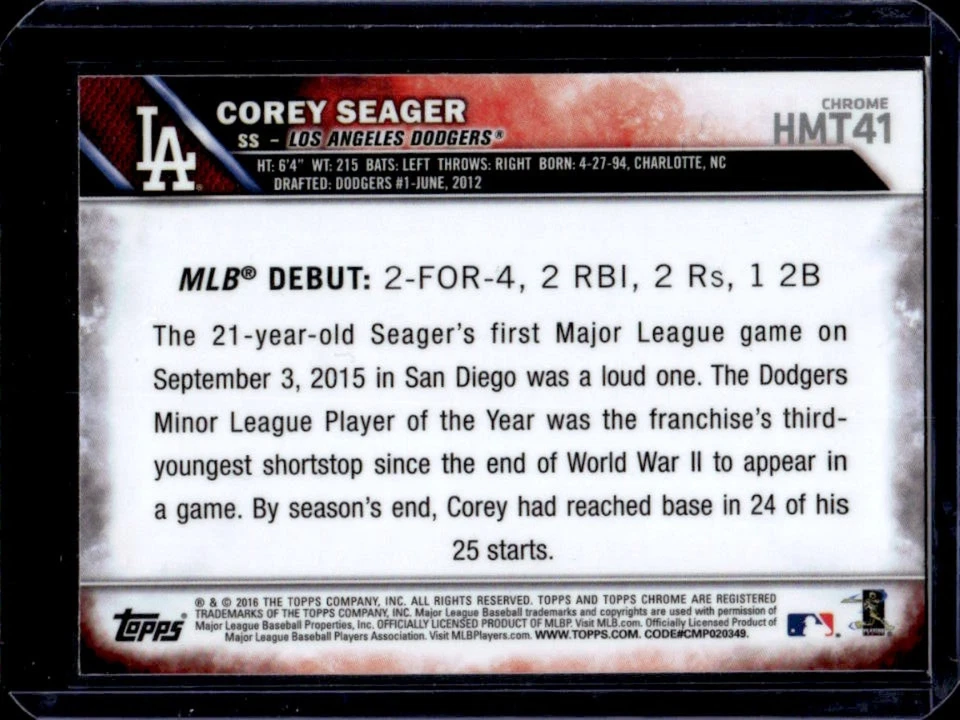 2016 Topps Chrome Update Corey Seager RC Rookie #HMT41 Dodgers - Image 2 of 2