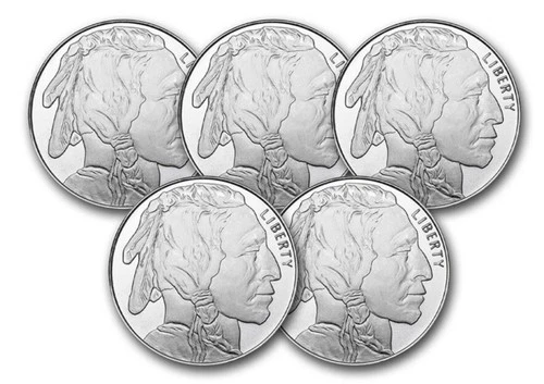 Lot of 5 - Five 1 Troy oz Buffalo .999 Fine Silver, 5 Troy ounces, NO RESERVE