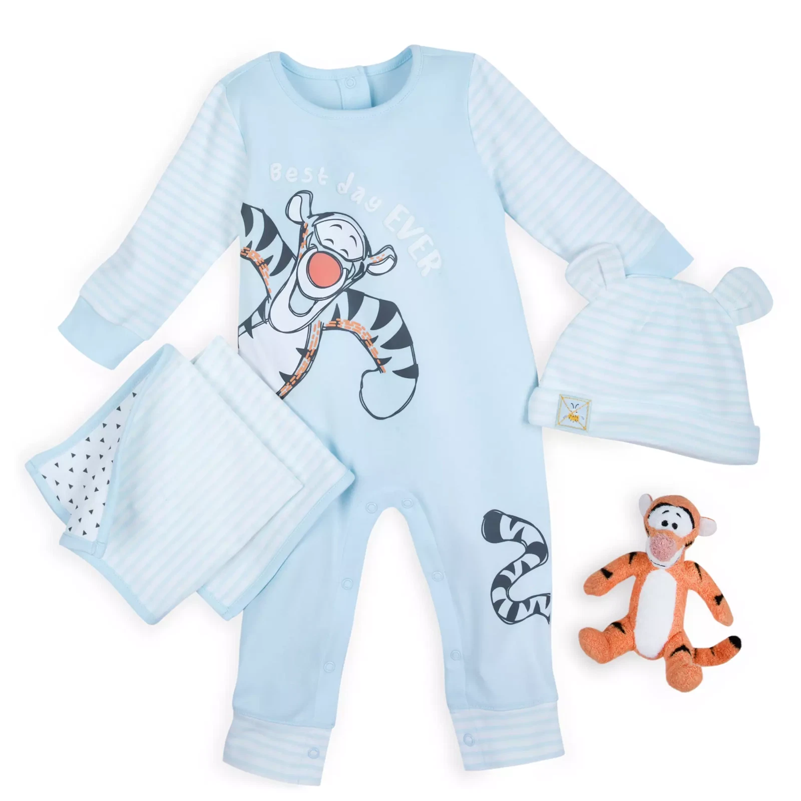 Disney Baby 5 Pc Blue Burp Cloths Hat Romper Plush Tigger Rattle Set Sz 0-3 MO