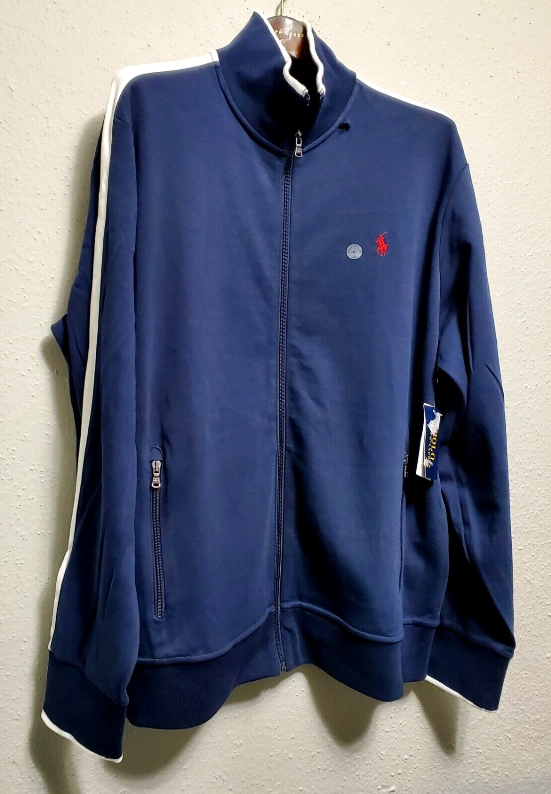 POLO RALPH LAUREN UOMO BLU NAVY BIANCO TRIM PONY ACCENTO INTERLOCK TRACK JACKET
