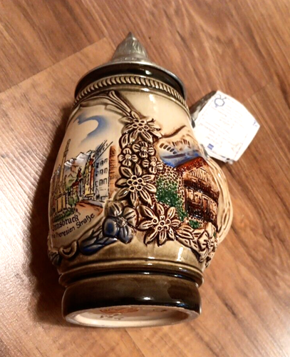 Beer Stein Original King Pewter Topped Innsbruck Handpainted 7" Tall with TAG - Picture 7 of 12