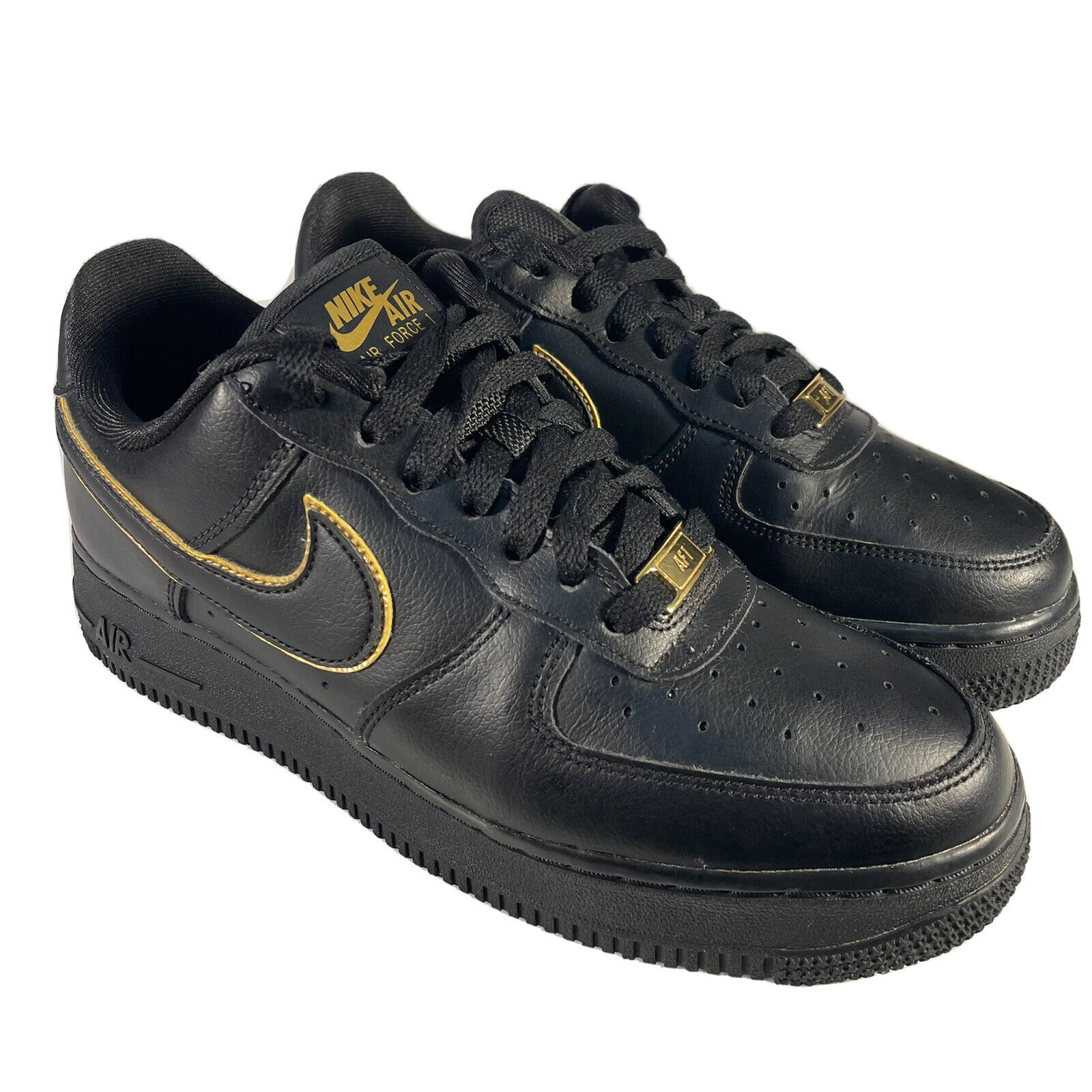 Nike Air Force 1 Low '07 Black Leather Gold Swoosh Womens 8 AO2132-005 eBay