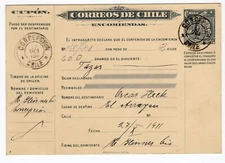 Chile 1911 Parcel post 100c Concepcion to EL ARRAYAN Colon Peso Bronce type