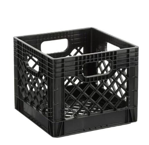 16QT Heavy-Duty Plastic Milk Crate With Handles - Stackable Storage Bin For Laundry, Garage, Home & Office (Black)