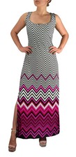 Womens Boho Maxi Striped Chevron Print Scoop Neck Tank Dress (Pink, Large)