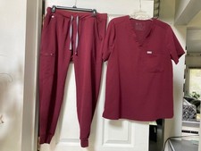 FIGS Women's Burgundy Scrub Top Jogger Pants - Top size L pants L Petite