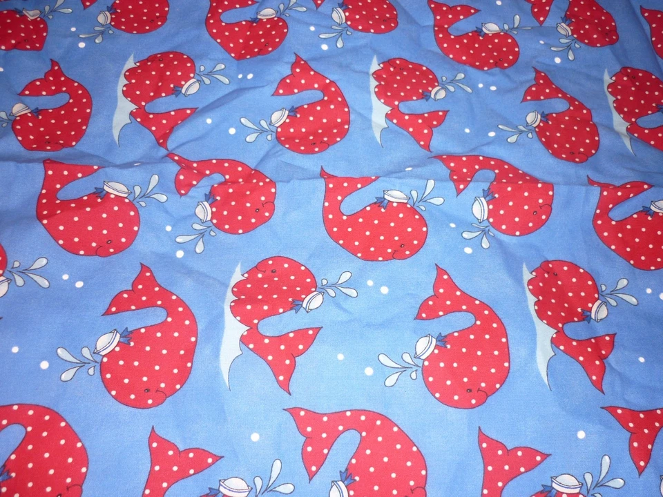 Counting Two Patty Reed Blue Whale Fabric Cotton Quilt Red Polka Dot F48 43x60" - Image 3 of 4