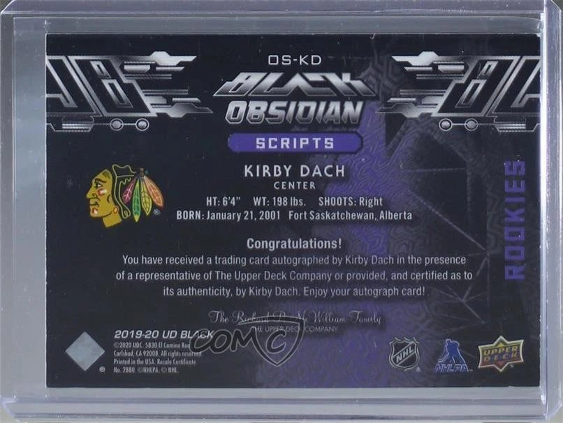 2019 SPx UD Black Obsidian Script Rookies Purple /25 Kirby Dach Rookie Auto RC - Image 2 of 2