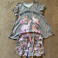 Girls Size 8, Justice Brand Two Piece Pajama Set, Gray And Pink, Animals