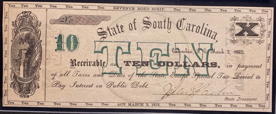 1872 SOUTH CAROLINA Columbia $10 Railroad Obsolete Banknote Currency PCGS ChAU58 - Image 3 of 4