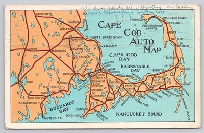 Cape Cod Massachusetts, Auto Map, Vintage Postcard