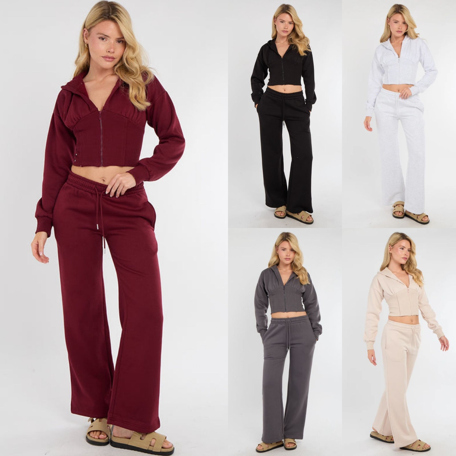 Set tuta donna corsetto cropped foderata in pile zip cappuccio pantaloni jogger