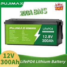PUJIMAX 12V 300Ah LiFePO4 Lithium Battery 15000+ Cycles 200A BMS Solar RV 3.8kwh