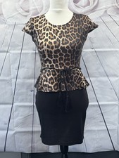 TG Short Bodycon Dress Size 10 Black & Brown Animal Print Stretchy Peplum Waist