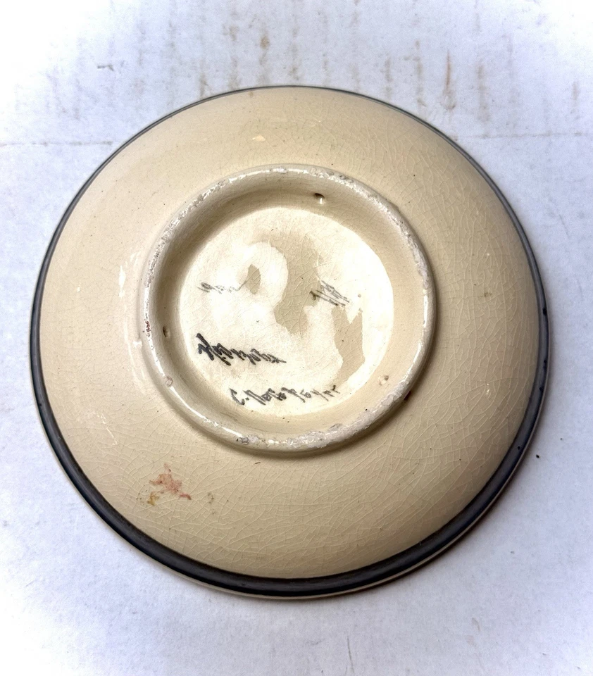复古陶器手绘碗石器签名 C. 门厅树寺庙城堡 — 第 4/4 张图片