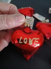 Vtg Red Shiny Heart ornaments with Love in glitter Lot Of 5